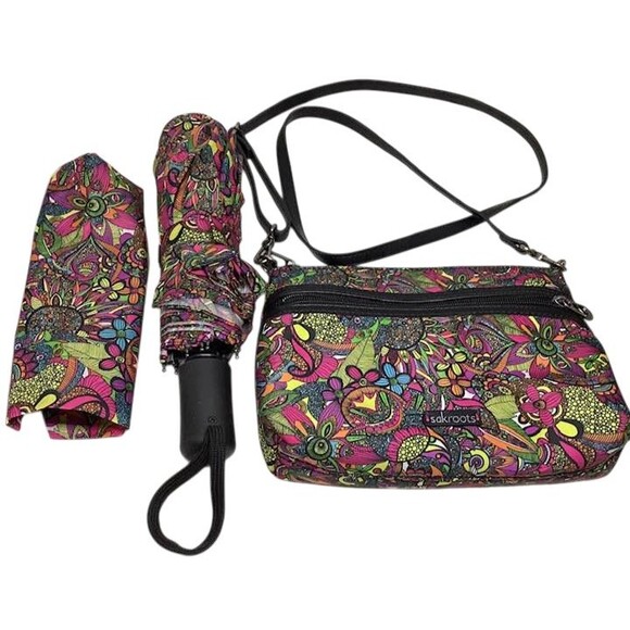 Sakroots Crossbody Purse Travel Umbrella Set Kaleidoscope Flowers Sling Artist - Picture 2 of 10